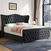 koorlian Queen Bed Frame Upholstered Wingback Headboard Sleigh Footboard | Platform Bed Wingback Headboard,Deep Button Tufted Soft Velvet,Wood Slats Support,No Box Spring Needed,Bedroom Upgrade