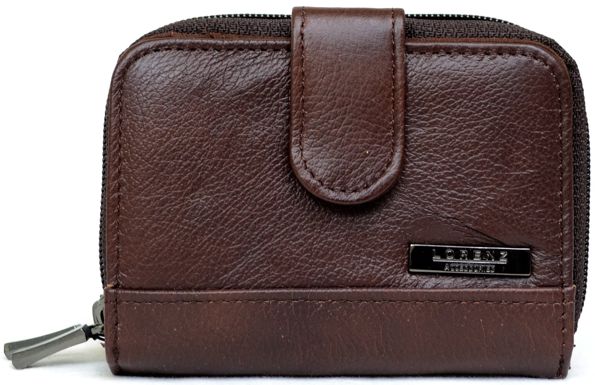 Ladies Small Leather Purse wih 2 Zipped Compartments - Brown