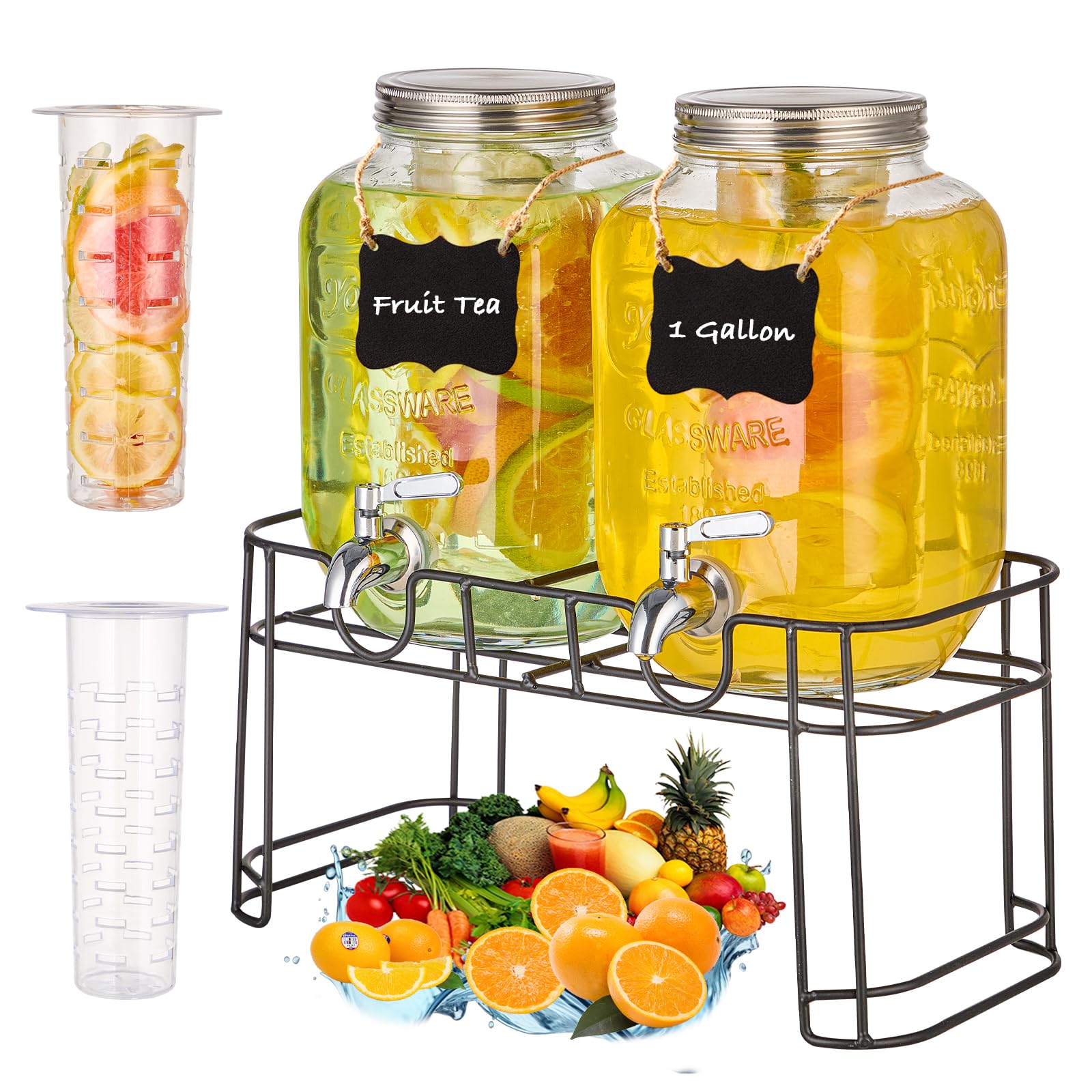 Photo 1 of 1 Gallon Glass Drink Dispensers for Parties, 2PACK Beverage Dispenser with Stand, Fruit Infuser and Stainless Steel Spigot 100% Leakproof, Beverage Dispenser for Lemonade Sun Tea