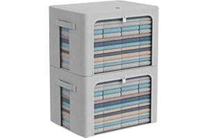 CYHOM 2Pack Extra Large Clothes Storage Bins Box - Linen Fabric Foldable Stackable Container Organizer Set with Clear Window & Carry Handles & Metal Frame (Light Grey, Extra Large-100L)