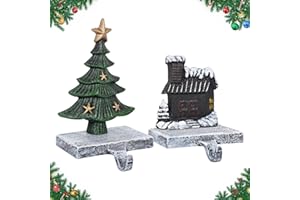 G GOOD GAIN Christmas Stocking Holders for Mantle - Set of 2 Heavy Duty Cast Iron Stocking Hangers with Non-Slip Base | Exquisite 3D Xmas Tree, Cottage Mantel Hook for Fireplace Decoration Holiday Gifts