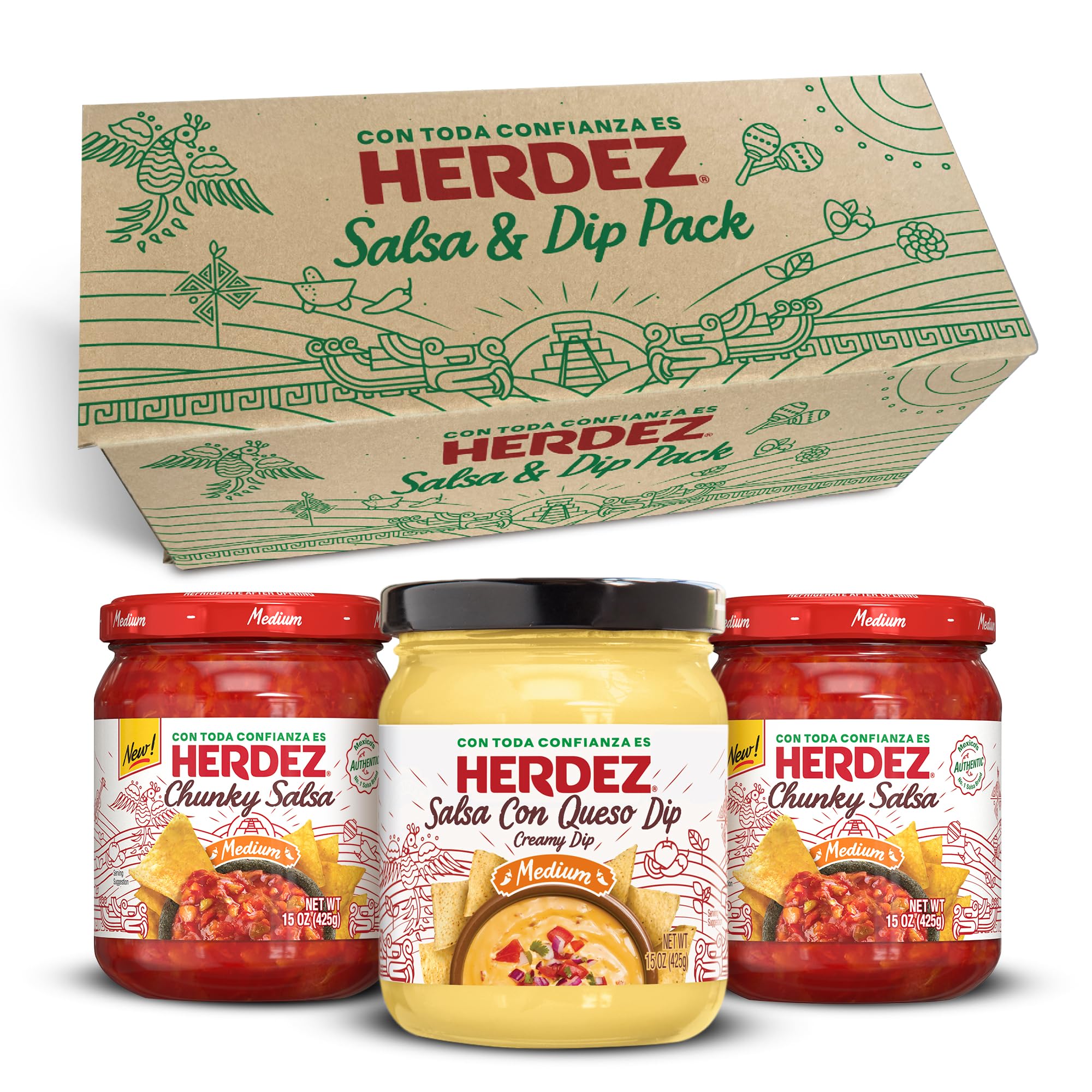 HERDEZ® Salsa Dipping Variety 3 Pack – (2) NEW! Chunky Medium, (1) Salsa Con Queso Medium – Authentic Mexican Flavor Dips for Chips