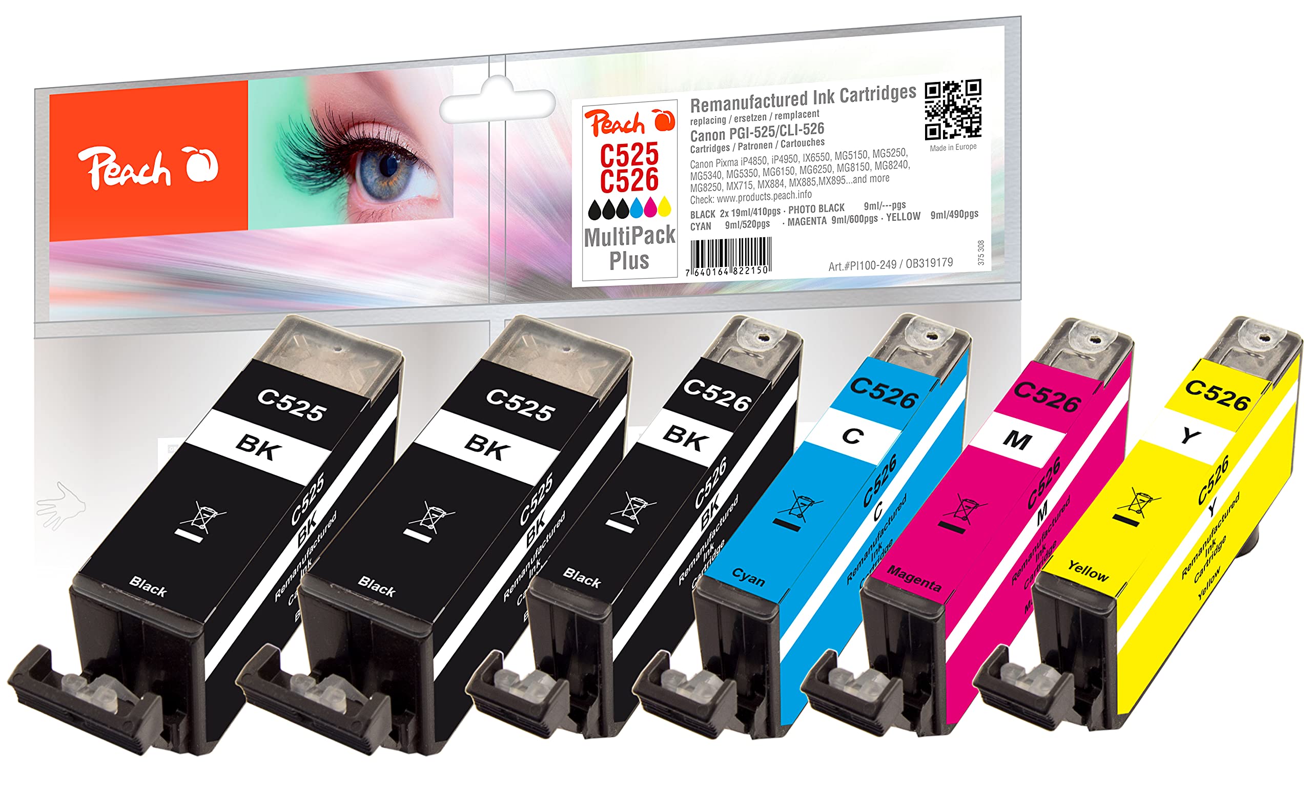Peach C525/526 Printer Cartridges (2x BK, PBK, C, M, Y) Replaces Canon PGI-525 * 2, CLI-526, 4541B006 for e.g. Canon Pixma MG 5350, Canon Pixma MG 5150, Canon Pixma MG 6250
