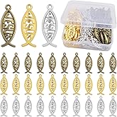 JMKTOOL 120pcs Vintage Hollow Jesus Fish Charms Tibetan Alloy Christian Fish Jesus Pendant Charms with A Plastic Box for DIY Bracelet Necklace Keychains Jewelry Making, 3 Colors