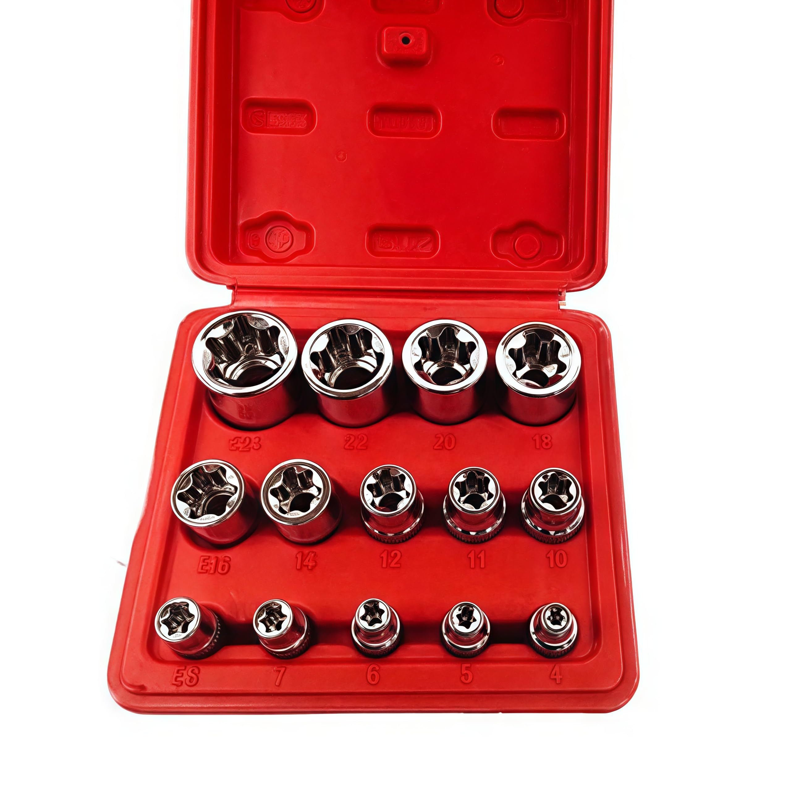 14Pcs Female E-Torx Star Socket Set, 1/4, 3/8, 1/2 in Drive,Female External Star Socket Set E4-E24 Torque Socket Set with Red Case