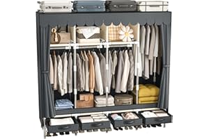 LEAIJIAFY Large Portable Wardrobe with 4 Hanging Rods and Drawers, Simple Storage Wardrobe, Gray Non-Woven Cover, Suitable fo