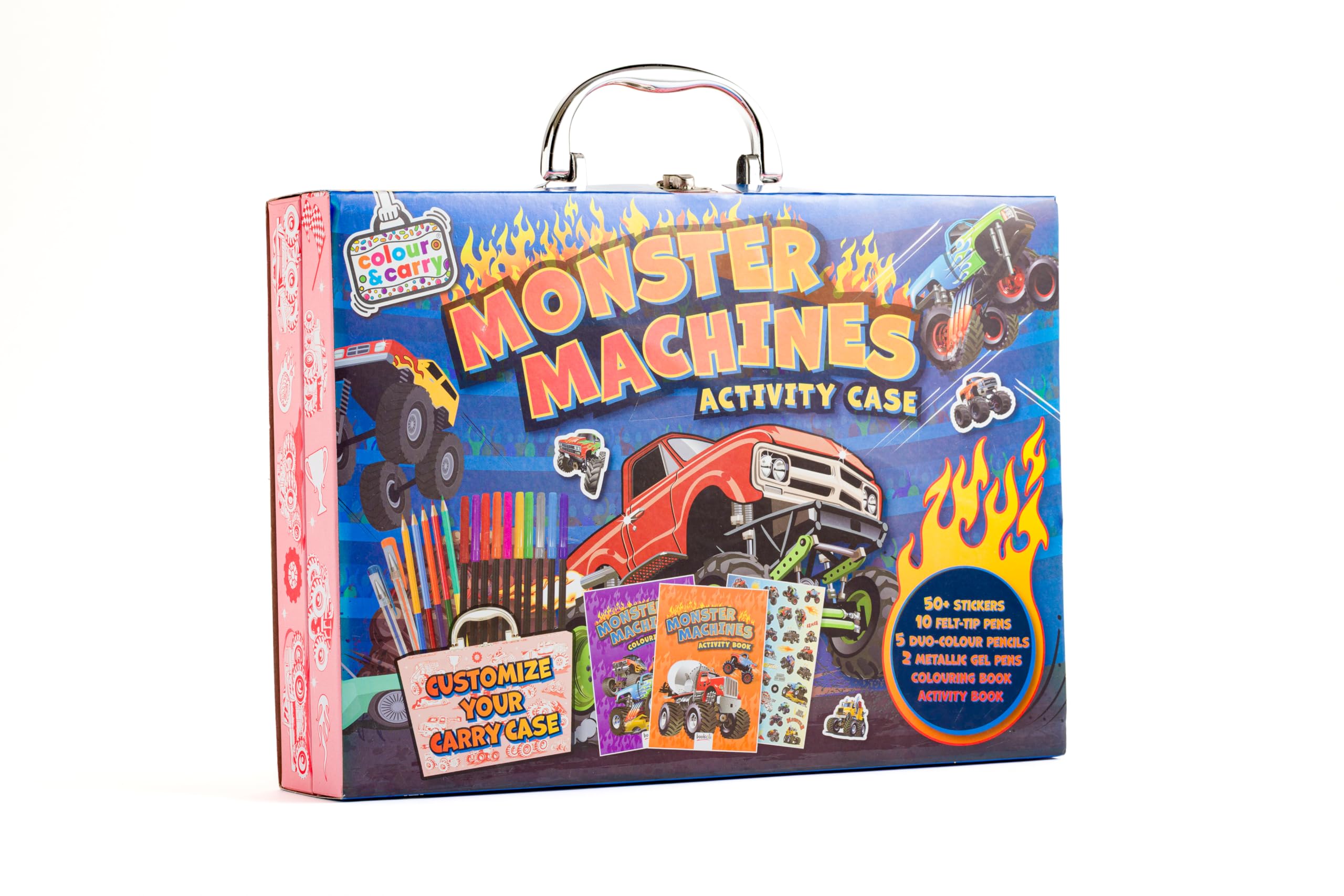 Bookoli – Monster Machines Activity Case for Kids Aged 6–9 – Vehicle & Monster Truck Colouring Set with 100+ Stickers, Pens, Pencils & Colour-in Carry Case – Creative Screen-Free Activity