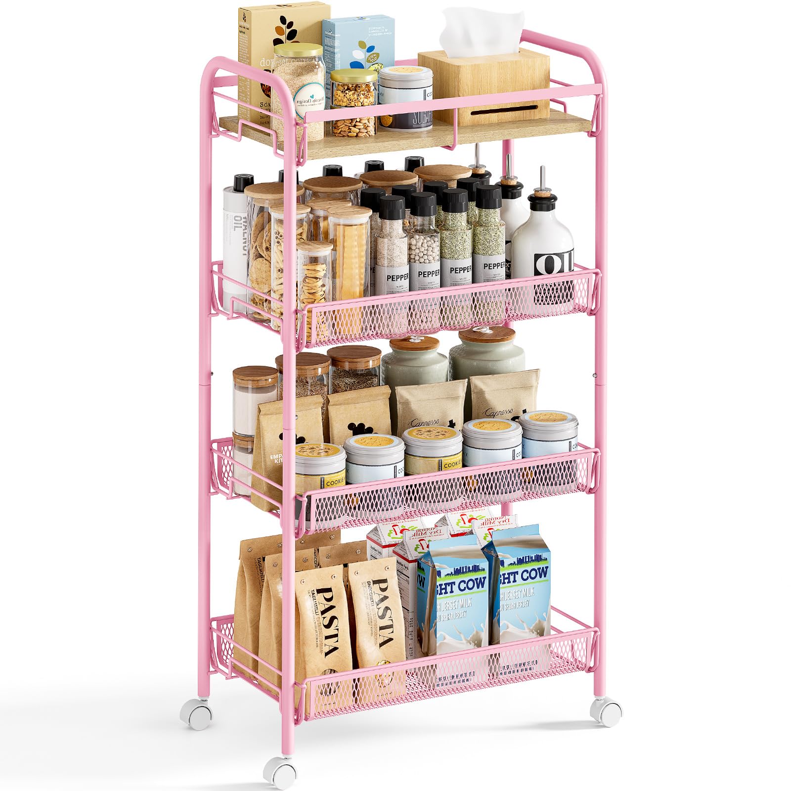 KINGRACK 4-Tier Wide Metal Rolling Storage Cart, Utility Cart with Wooden Tabletop for Laundry, Bathroom, Kitchen, Apartments, Dormitory (Pure Pink, Wide) Image KINGRACK 4-Tier Wide Metal Rolling Storage Cart, Utility Cart with Wooden Tabletop for Laundry, Bathroom, Kitchen, Apartments, Dormitory (Pure Pink, Wide) Image