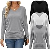 Oakgarden 3 Pack Women's Dolman Long Sleeve Tops Casual Flowy Draped Side Ruched Shirts V Neck Lightweight Bat Wing Basic Tee