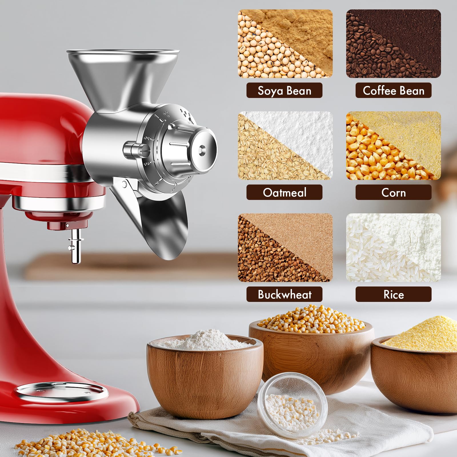 Metal Grain Mill Attachment for Kitchenaid Stand Mixer, Flour Mill Grinder for Kitchen Aid Accessories and Attachments, Fit for Grinding Non-Oily Dry Grain Corn, Coffee Bean, Buckwheat, Oats, Millet