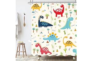 Ufeela Funny Dinosaur Kids Shower Curtain 60Wx72L Inch Cartoon Dino Animal Colorful Cute Plant Botanical Trees Boys Shower Curtain Bathroom Set Wildlife Bath Curtain Bathtub Accessories Home Decor
