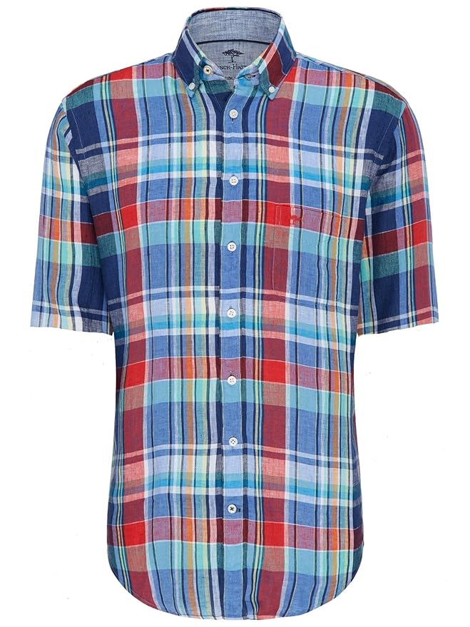 FYNCH-HATTON Herren Freizeit Hemd Kariertes Leinenhemd Kurzarm mit Button-Down-Kragen