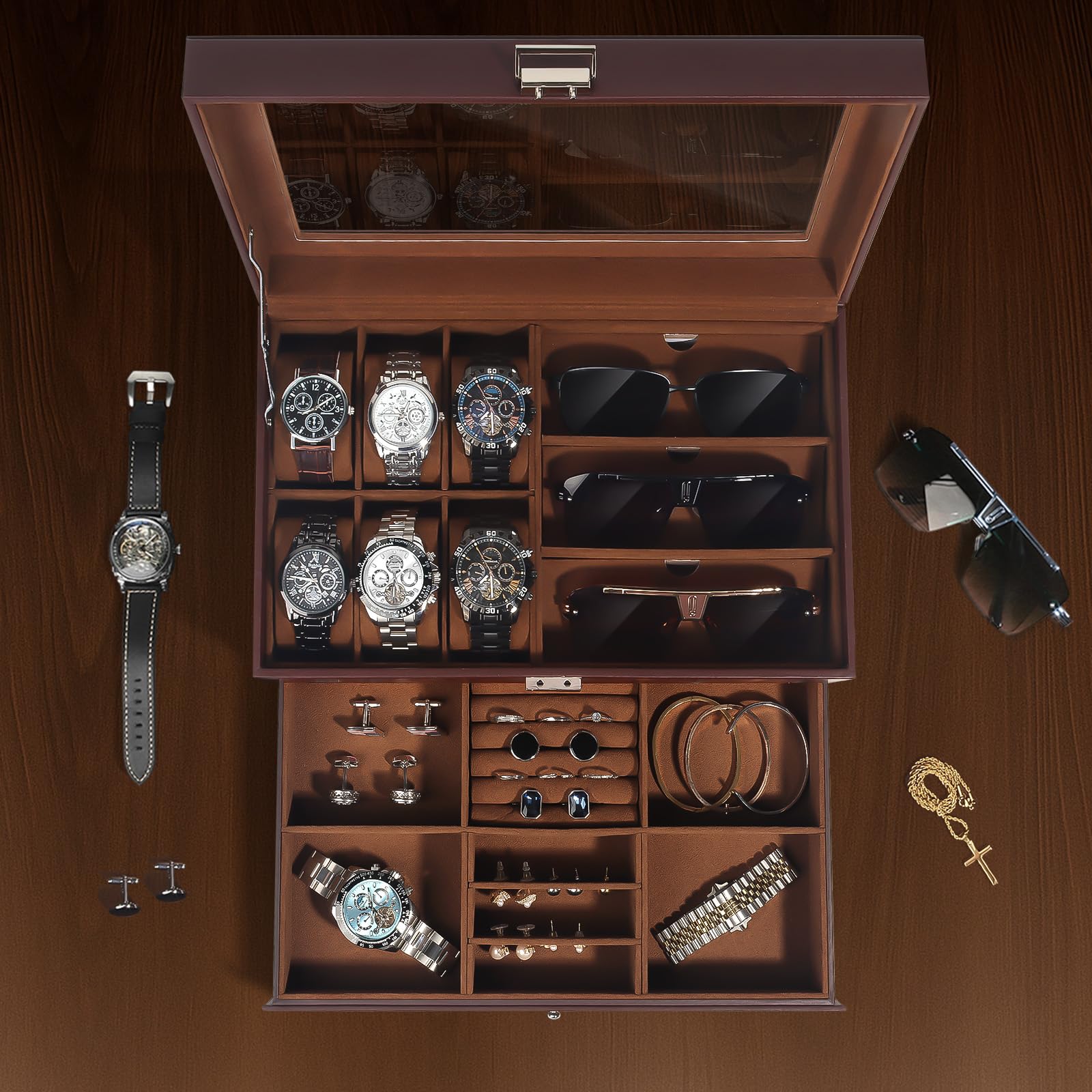 GLJ Jewelry Box for Men, 6 Slot Watch Box Jewelry Organizer With Drawer, Watch Case for Men with Large Window, 2-Layer Watch Holder, Sunglasses Storage Organizer, Velvet Lining, PU Leather, Gift Idea