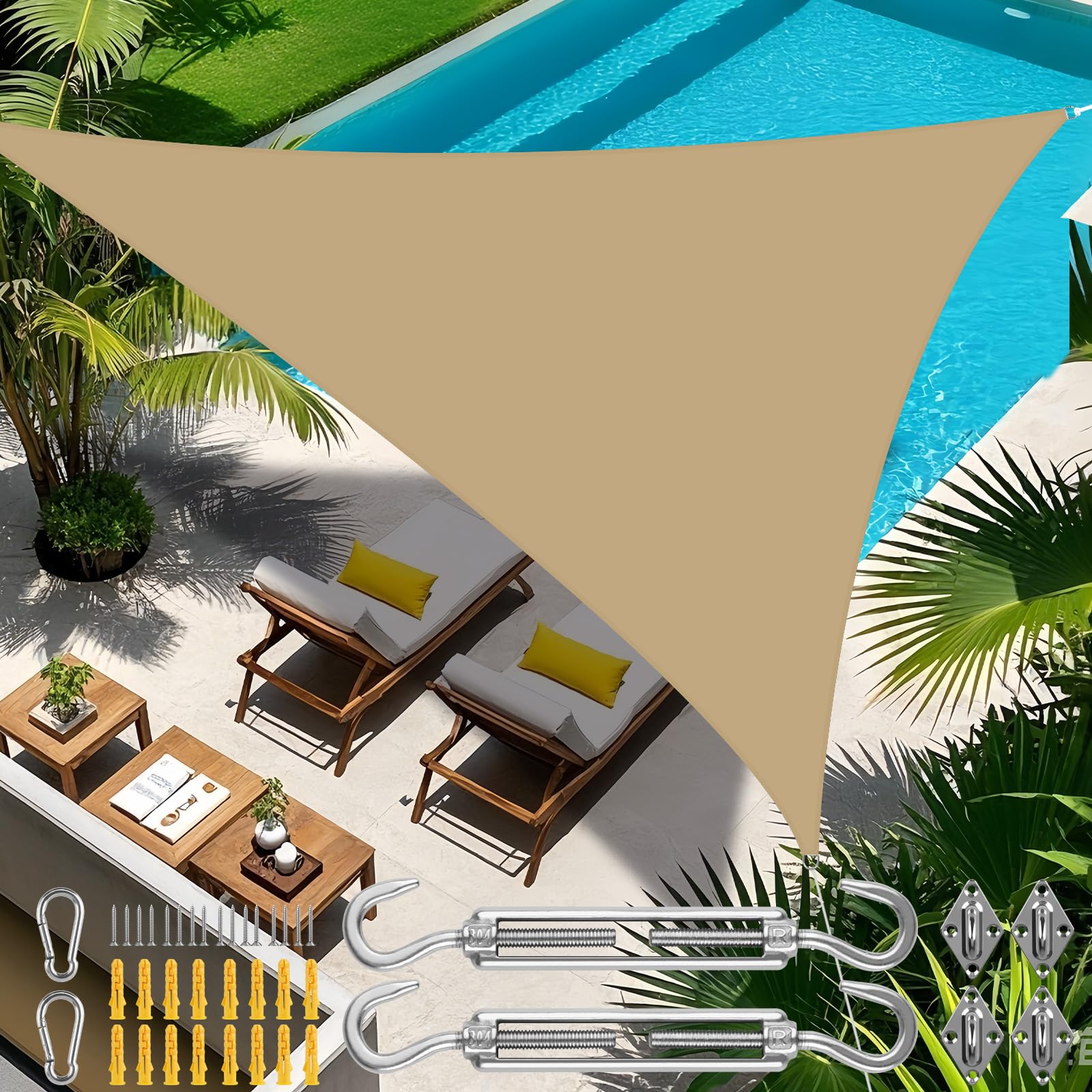 NAKIHOUSE Awning with 24 Mounting Kit, 3 x 3 x 3 m Waterproof Sun Protection Triangle Parasol Outdoor Canopy Garden Patio Pool Shades Awning Camping Shade (Sand)