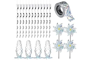 NOVWANG Bird Deterrents Devices Outdoor Set, 12 Bird Reflective Scare Rods 4 Bird Driving Windmills with Stakes 4 Bird Driving Spiral Reflector, and 1 Roll Reflective Ribbon to Keep Birds Away