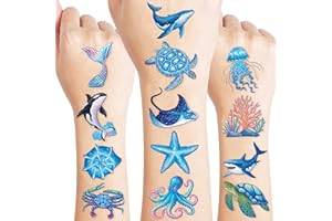 91TATTOOS 96 PCS Ocean Sea Animal Shark Whale Fish Pre-Cut Temporary Tattoos for Kids | Super Cute Themed Birthday Party Favors, Supplies, Decorations, Fake Tattoo Stickers (Multiple)