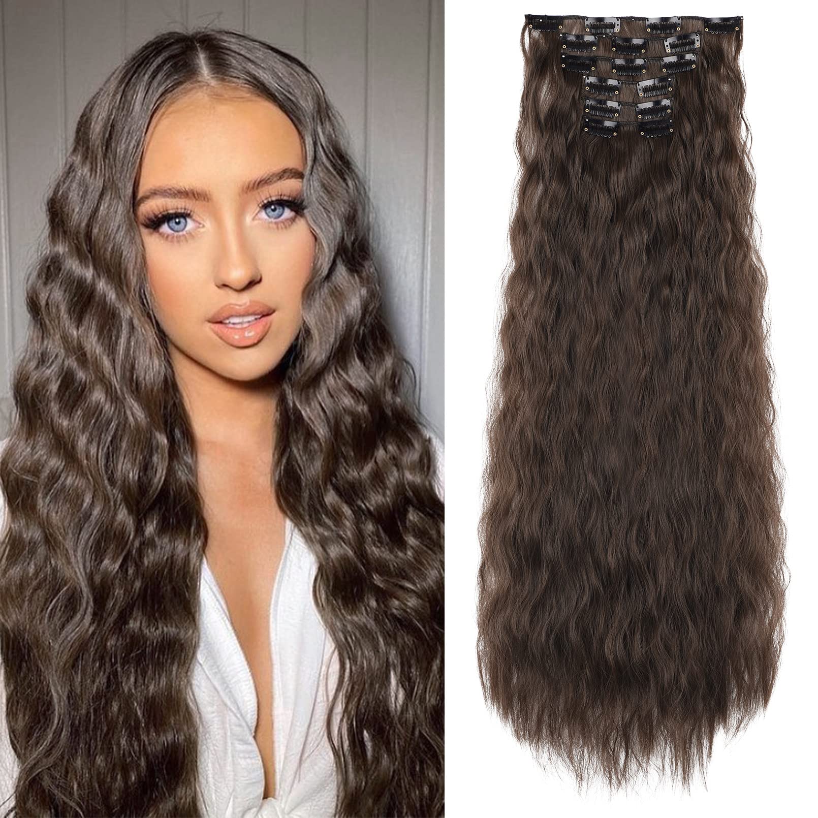 FLUFYMOOZ Clip In Hair Extensions,6PCS Hair Extensions Long Mermaid Waves Wavy Synthetic Clip On Hairpiece For Women 24 Inch (Dark Chocolate Brown)