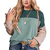 ForHailey Womens Fashion 2024 Color Block Long Sleeve Crewneck Knitted Casual Loose Pullover Shirts Tops XL-5XL