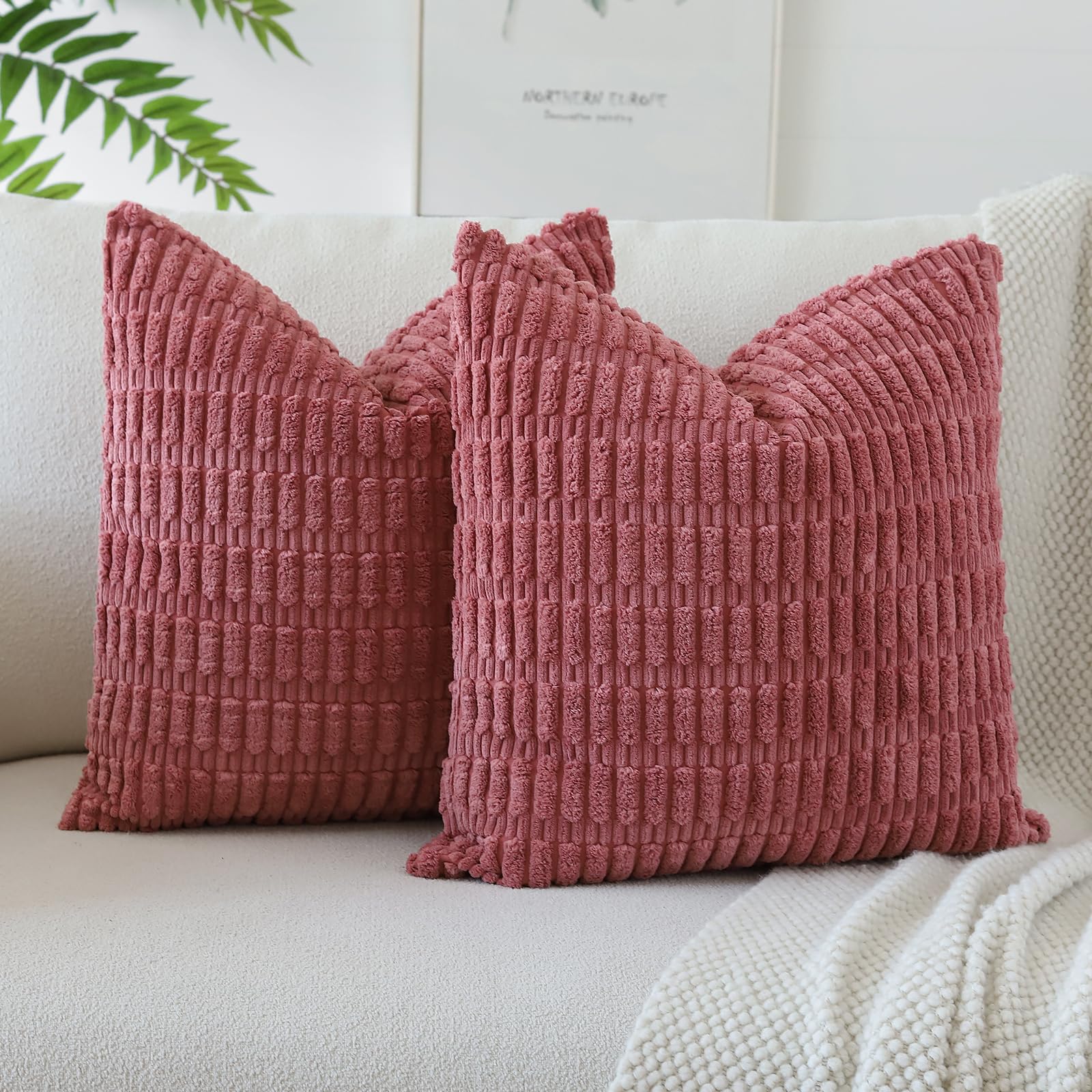 JOTOM Pack of 2 Corduroy Soft Striped Cushion Covers 40x40 cm 16x16 Inch Boho Decorative Throw Pillow Covers Square Cushion Case Home Decor Pillow Cases for Couch Sofa Living Room Bed (Cranberry Red) — image 1