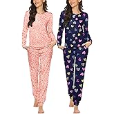 Ekouaer 2 Pack Pajama Sets for Women,Long Sleeve Top With Jogger Pants Lounge Set Sleepwear with Pockets