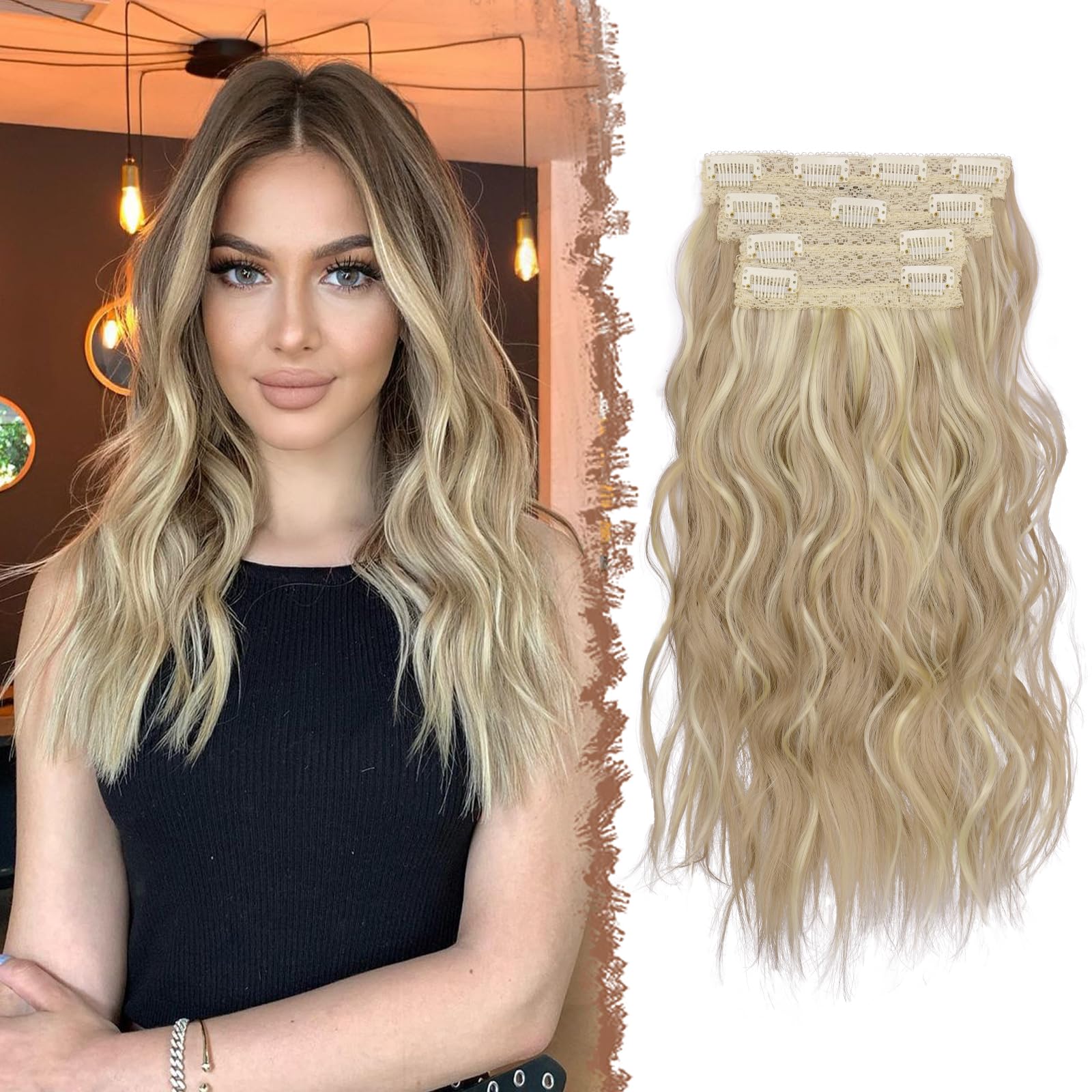 FESHFEN Clip in Hair Extensions 4PCs Long Wavy Thick Hair Piece Highlighted Full Head Synthetic Natural Curly Dirty Blonde Extension for Women, 16 Inch โ image 1
