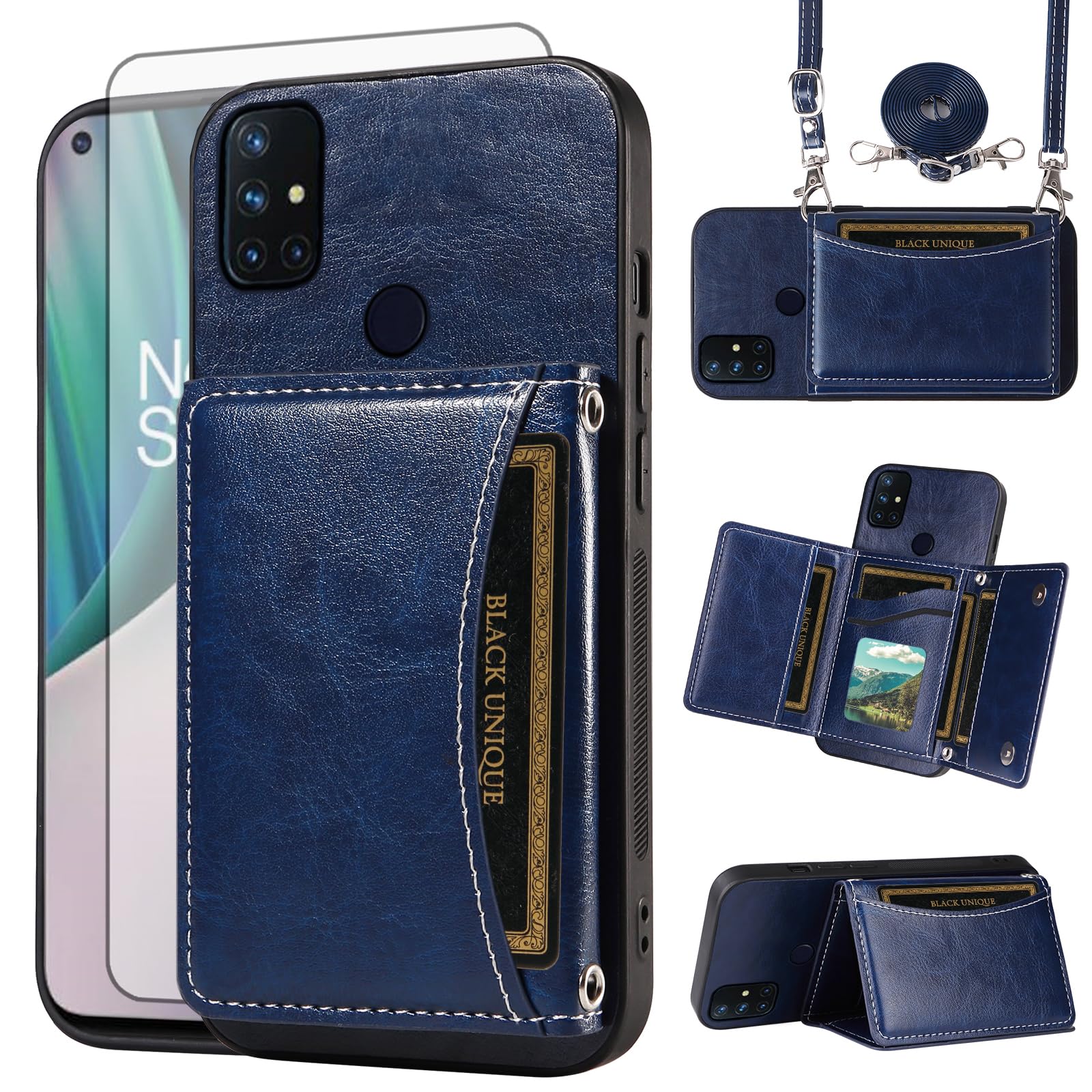 Photo 1 of Asuwish Phone Case for OnePlus Nord N10 5G Wallet Cover with Tempered Glass Screen Protector Credit Card Holder Slot Crossbody Strap Cell One Plus N 10 G5 1 Plus 10N 1plus One+ 1+ N105G Women Blue