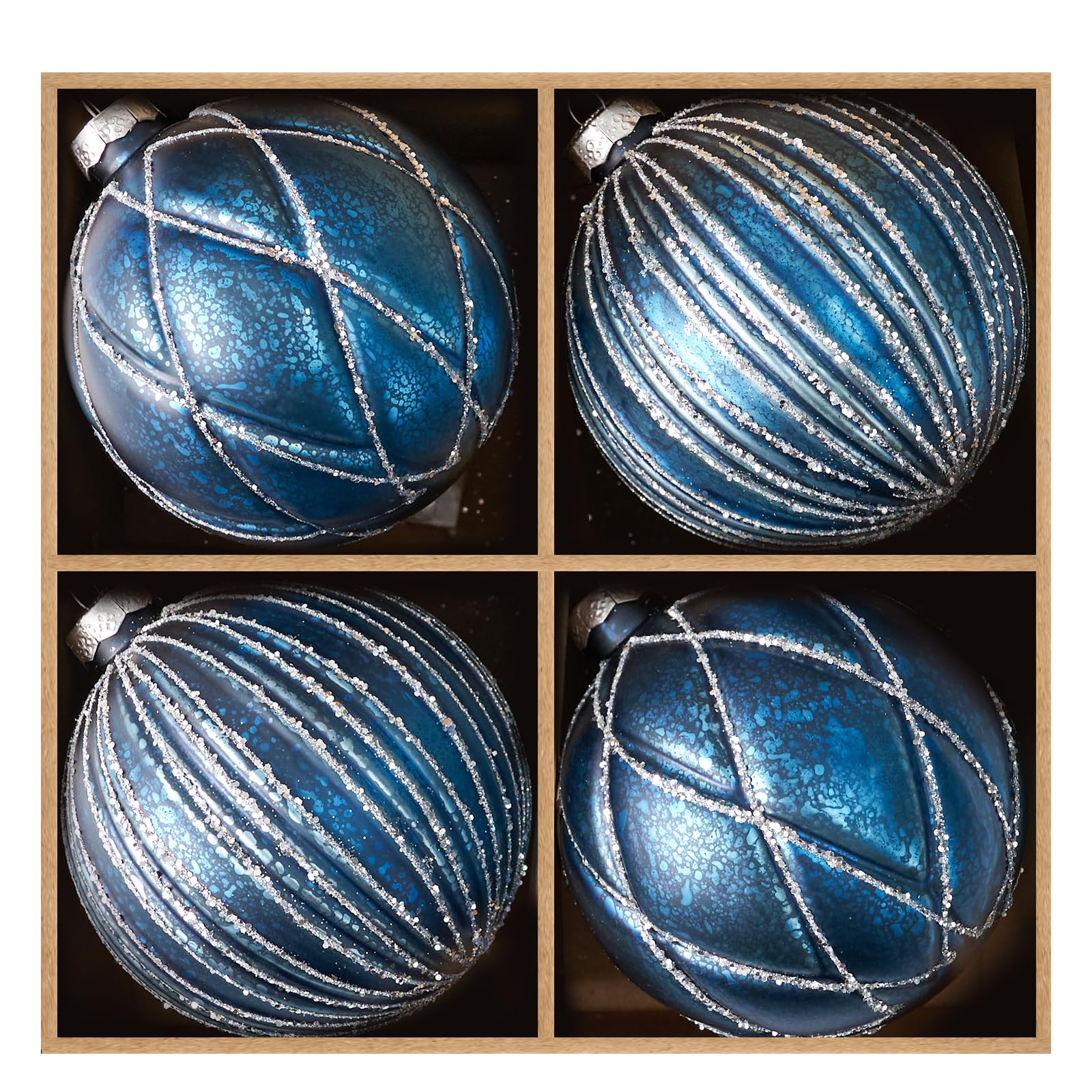 Photo 1 of ***ONLY 3 PCS****DN DECONATION 4PCS Blue Glass Christmas Ball Ornaments – 4” Shimmering Silver Lines Hanging Ball Ornaments Set for Christmas Tree, Winter Decor Elegant Holiday Decorations Wedding