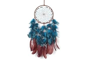 Wilkblck Dream Catcher Boho Sun Dream Catcher Peacock Green Feathers with Handmade Pearl and Wooden Beads,，Wall Hanging Decor for Bedroom Dorm Home Ornaments Craft Gift