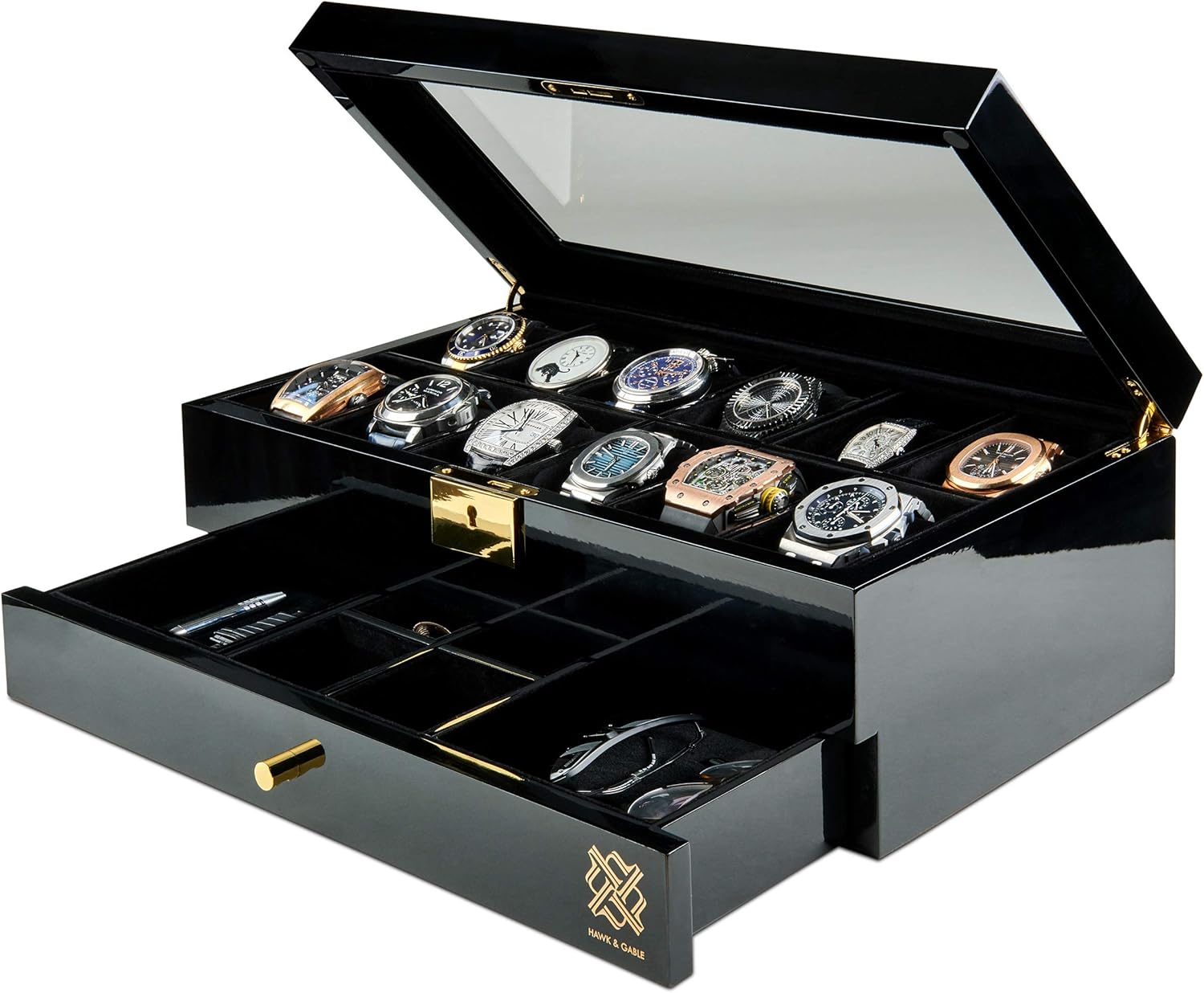 HAWK & GABLE Pearson Valet Watch Display Case with Jewelry and Accessories Valet | Premium Jewelry and Watch Box with Drawer, Glass Lid, and Lock | Black Piano Finish: Home Improvement