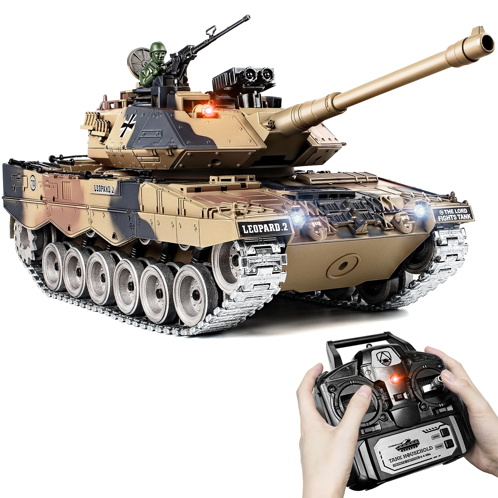 1:18 RC Tank, 2.4Ghz Metal German Leopard II Remote Control Model Toy That Shoots BBS and Water Bombs, RC Military Vehicle for Adults and Kids, Army Toy Tank with Smoke, Sound, Recoil, Lights