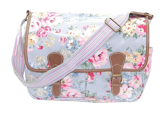Cath Kidston Saddle Bag, große Handtasche, Schultasche Spring Bouquet Grey grau mit Blüten Länge 34,5 cm, Höhe 24,5 cm, Breit
