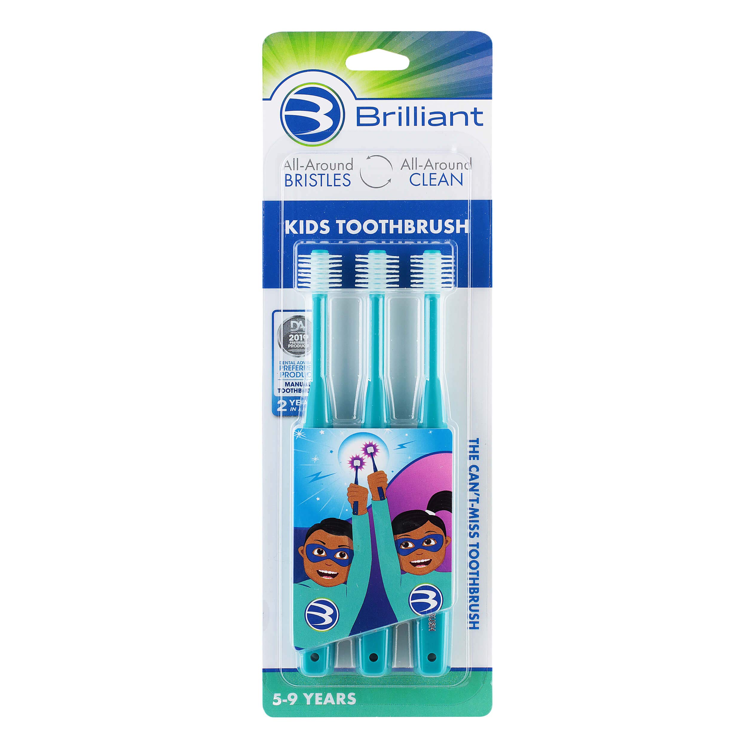 Brilliant Kids Toothbrush Round Brush Head for Ages 5 Years and up | Microfiber Bristles Clean All-Around Mouth | Teal, 3 Pack
