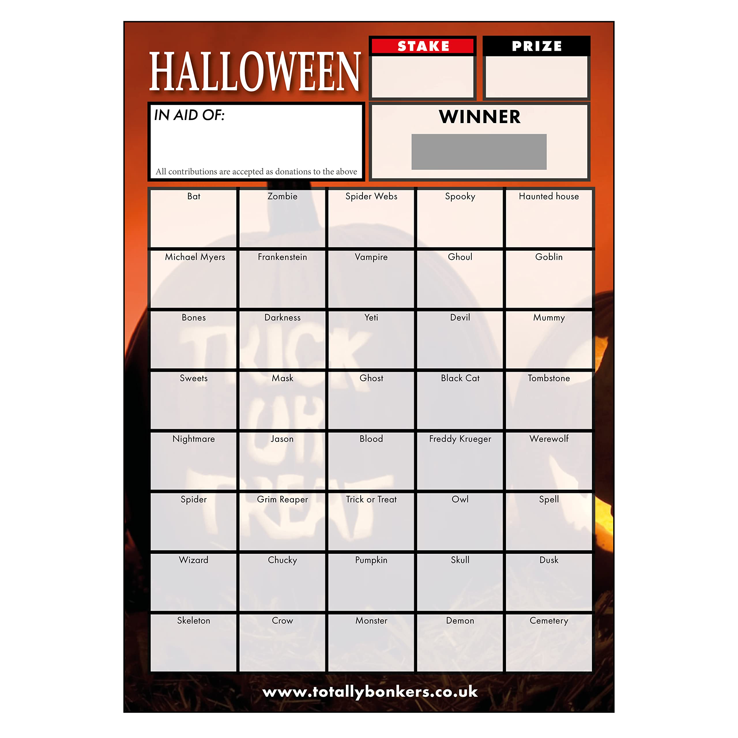 Totally Bonkers - Halloween Fundraising Scratch Cards - 40 Square - A6 (148x105mm) -10 Pack - TB0083 - Blind Card
