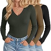 Oakgarden 3 Pack Women's Ribbed Deep V Neck Shirts Long Sleeve Knit Slim Fit Casual Base Layer Soft Undershirts Blouses Tops