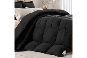 DOWNMEMORY KAKABELL Pinch Pleat Goose Down Feather Fiber Comforter Full/Queen Size, Breathable Fluffy Black Duvet Insert with Cotton Fabric, 750+Fill Power All Season Hotel-Quality Bed Comforter 90" x 90"