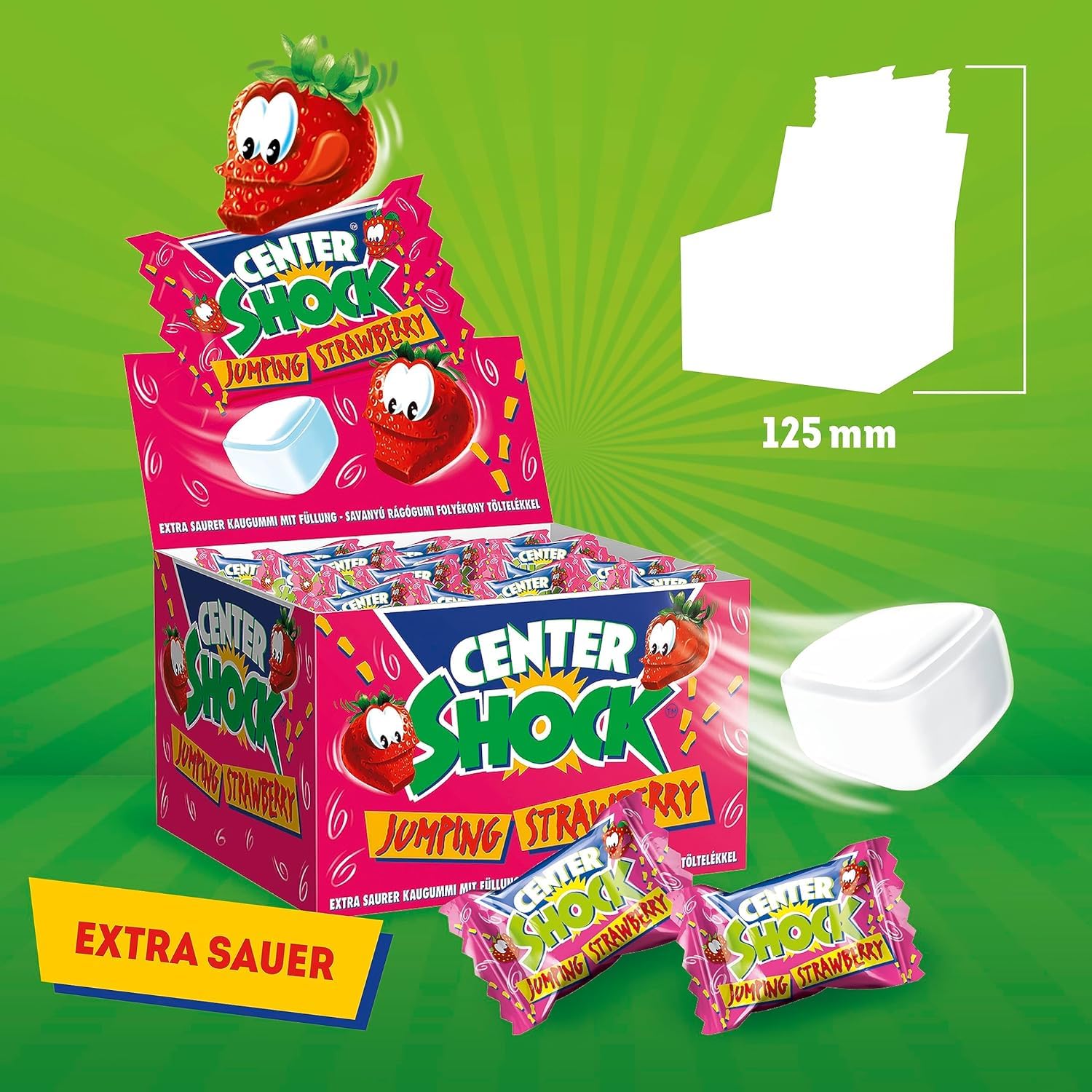 Center Shock Jumping Strawberry, Box mit 100 Kaugummis, extra-sauer mit Erdbeer-Geschmack, geeignet für Geburtstag, Pinata, Partys, Weihnachten und Halloween, 400g 5
