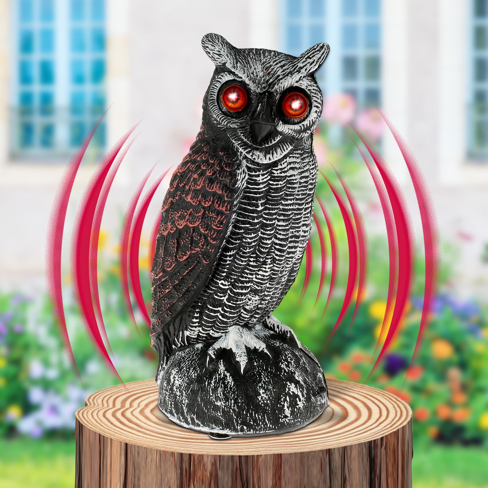 Solar Garden Owls to Scare Birds Away, Fake Owl Bird Scarer Lifelike Owl Decoy with Red Flashing Eyes and Frightening Sound, Waterproof Owl Scarecrow Bird Repellent Devices for Yard (Solar Charging A)