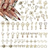 100 Pcs Gold Dangle Nail Charms, Gold Heart Bow Stars Nails Charms and Gems, Metal Golden Planet Butterfly Cross Star Charm for Acrylic Nails Art DIY Design