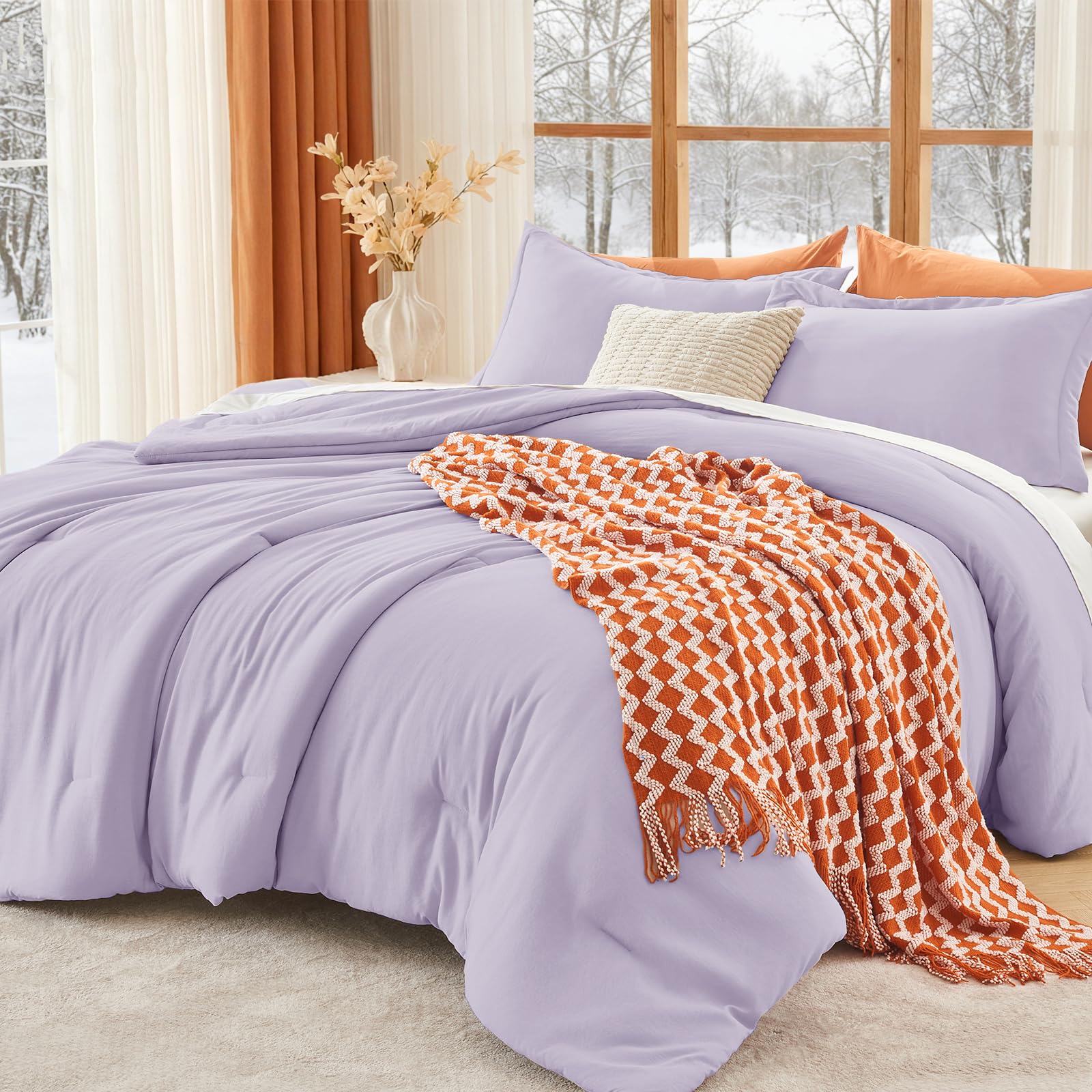MUXHOMO King Size Comforter Set, All Season Ultra Soft Down Alternative Bedding - 3 Piece Lightweight Bed Set Includes 1 Comforter (104"x90") and 2 Pillow Shams (20"x36"), Lavender Image