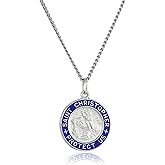 Amazon Essentials Sterling Silver Round Saint Christopher Medal Pendant Necklace with Blue Epoxy Edge and Rhodium Plated Stai