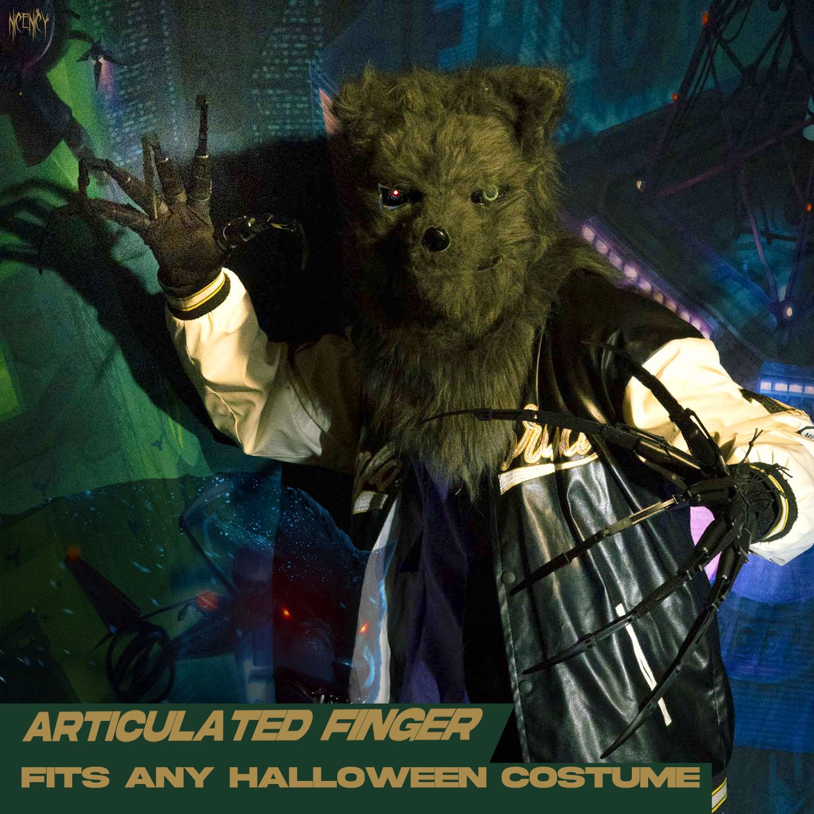 NICENICY New Articulated Finger Extensions With Protective Glove, Halloween Fingers With Fingernails, Long Claw With Gloves, Scary and Flexible Skeleton Claws Hands (Black+Black Nail)