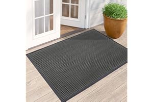 DEXI Door Mat, Durable Heavy Duty Outdoor Indoor Doormat, Stain and Fade Resistant, Low Profile, Non Slip Front Door Mats, Easy Clean Patio Entryway Floor Mat, 72"x48", Squares Grey
