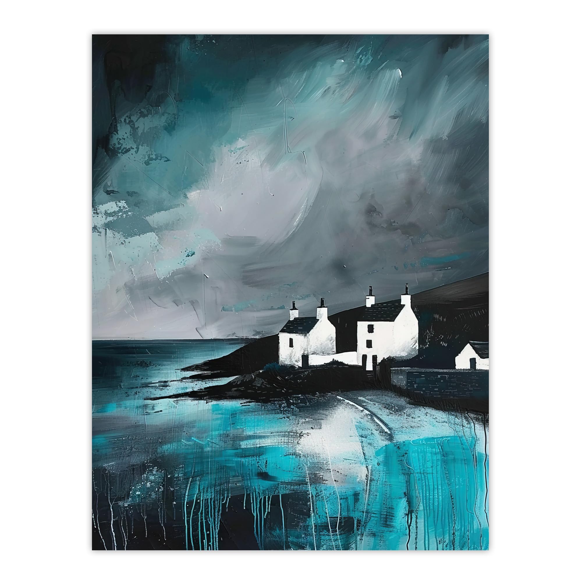 Artery8 Coastal Cottages Oil Painting Grey Sky Scotland Living Room Extra Large XL Wall Art Poster Print
