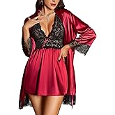 RSLOVE Women’s Satin Lace Lingerie Set – 2-Piece Babydoll Nightgown & Kimono Robe, Sexy Strap Chemise Bride Comfy Sleepwear