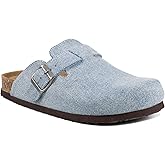 EMMA NEW YORK Women's Suede Clogs Slip-On Buckle Slides Leather Mules Cork Footbed Sandals Potato Shoes with Arch Support