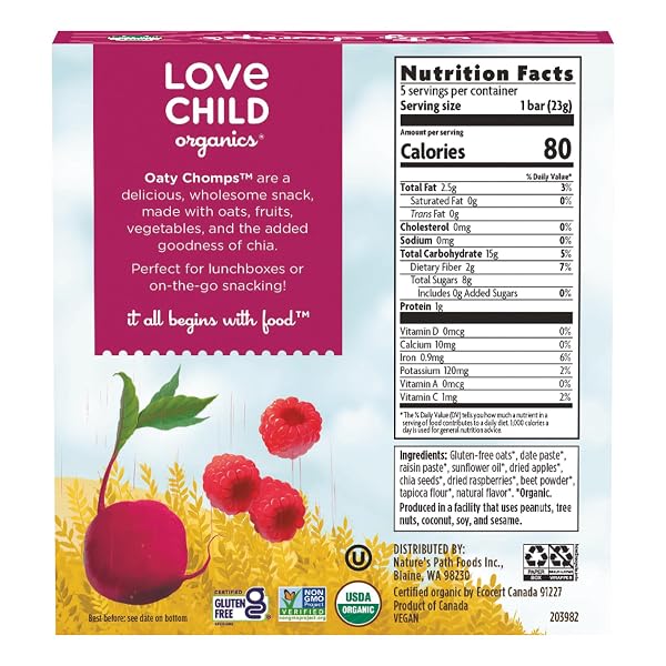 LOVE CHILD ORGANICS OATY CHOMPS RASPBERRY + BEET SNACK BARS, 4 OZ (PACK OF 1), GLUTEN FREE, NON-GMO, BY NATURE’S PATH