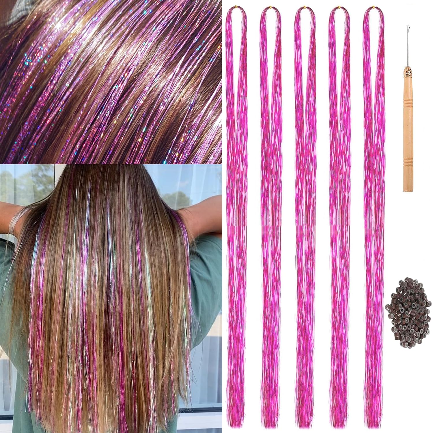 Photo 1 of 47" Holographic Hair Tinsel Kit Shining Pink Professional Sparkle Heat-Resistant Silk Extensions, Easy to Apply, Hair Accessories for Girls, Party Hair, Gifts for Girls (1000 Strands, Shining Pink)