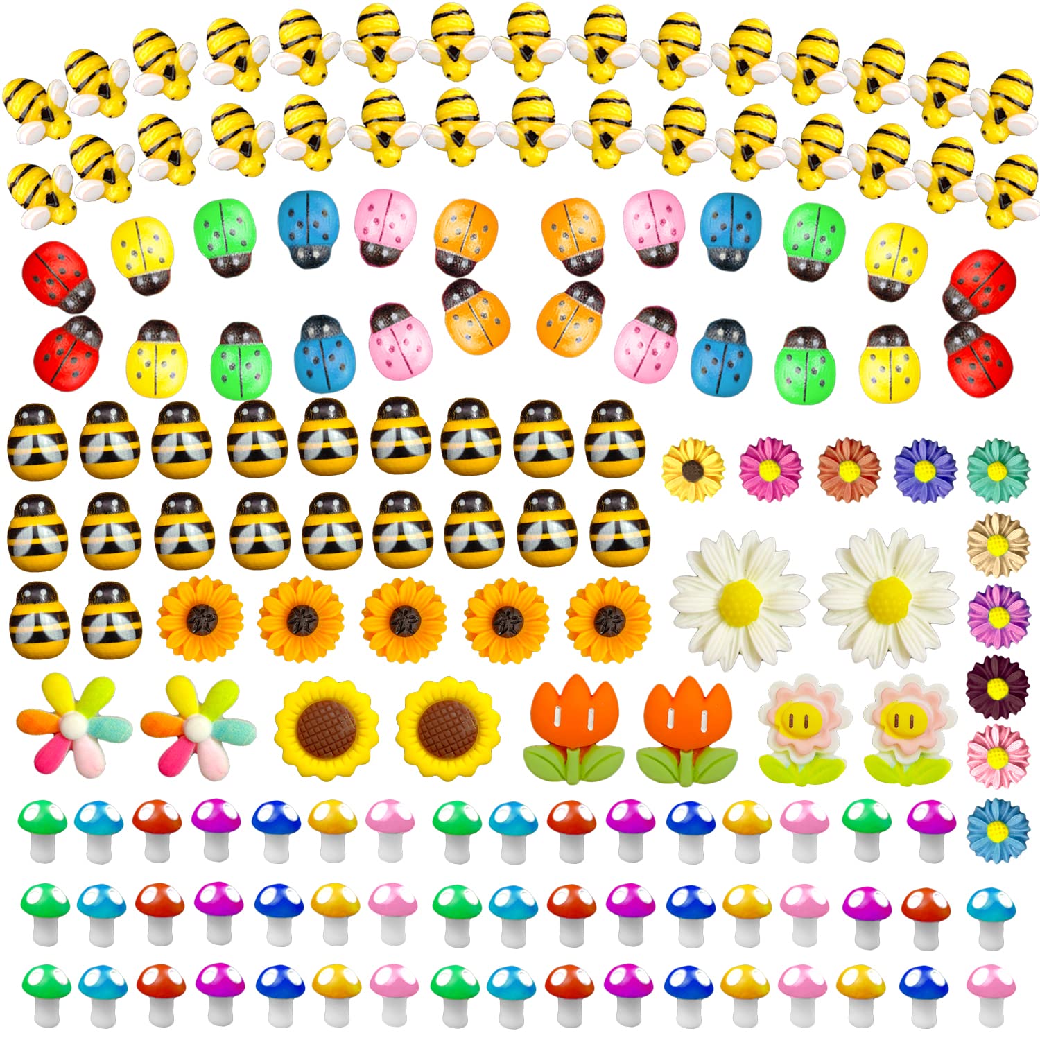 225 pcs Tiny Resin Bee Wooden Ladybug Daisy Flower Mushroom Decor, Bumble Bee Embellishment Epoxy Slime Charm Miniature Fairy Garden Accessories Figurines Micro Landscape Ornaments Scrapbooking