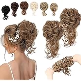 FeidyLong 2PCS Messy Bun Hair Piece Tousled Updo with Tendrils Wavy Curly Hair Bun Scrunchies Ponytail Extension Elastic Band Hairpieces For Women (Light Brown mix Ash Blonde)