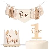 Bohemian One Birthday Party Decorations - Rustic One High Chair Tassel Banner,Beige 1st Birthday Crown Hat,Simple First Party Cake Topper,Banner Cake Topper Crown Set Photo Props (BROWN)